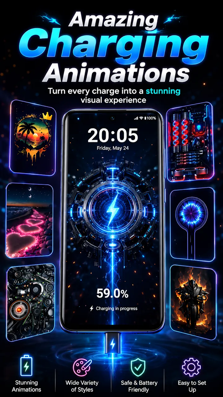 Charging Animation: 3D charging animation with battery percentage