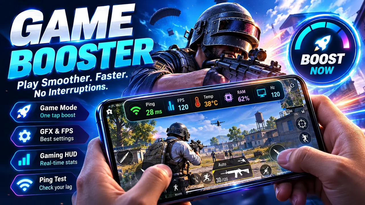Game Booster: Gaming HUD with ping, FPS, temperature, and RAM