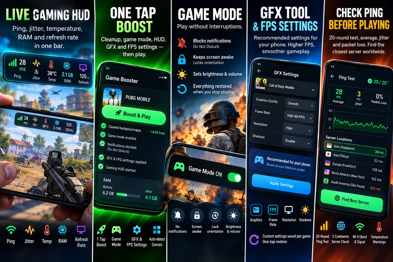 Game Booster: Live HUD, one-tap boost, game mode, GFX tool, and ping test