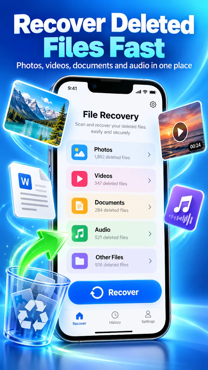 Photo Recovery: File recovery home with photos, videos, documents, and audio