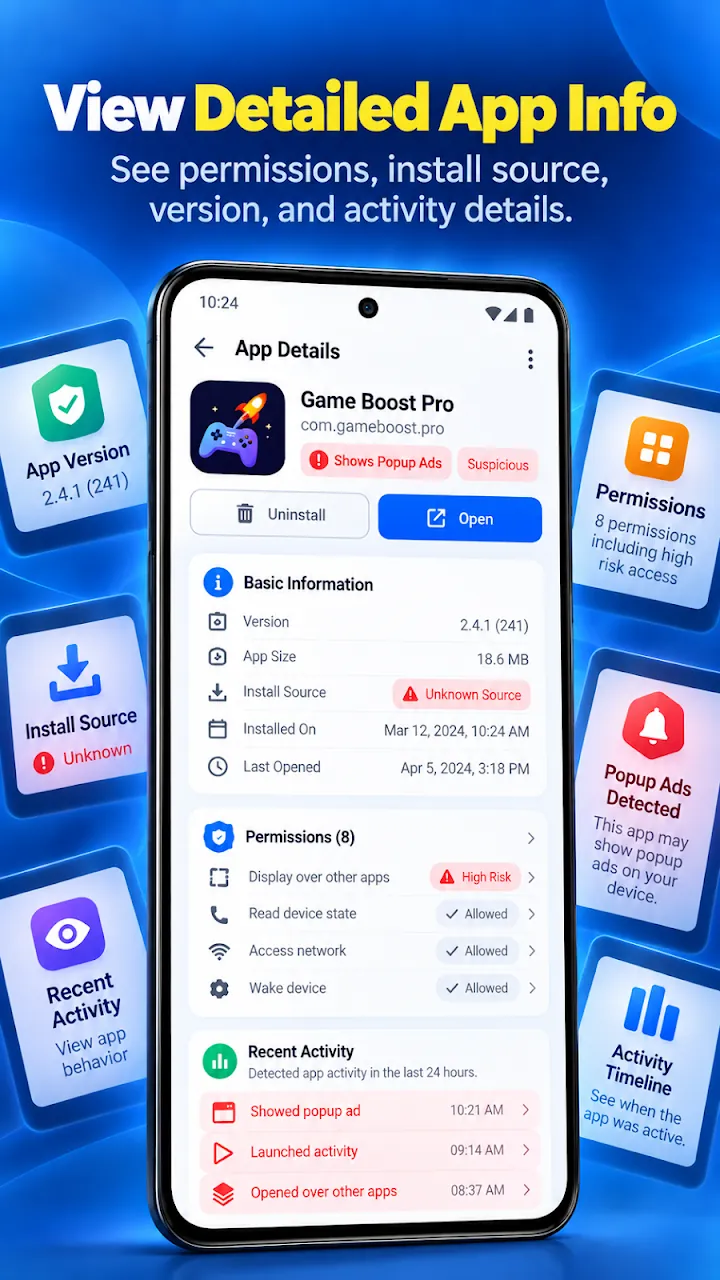 Popup Ad Detector: Detailed app info with permissions and install source