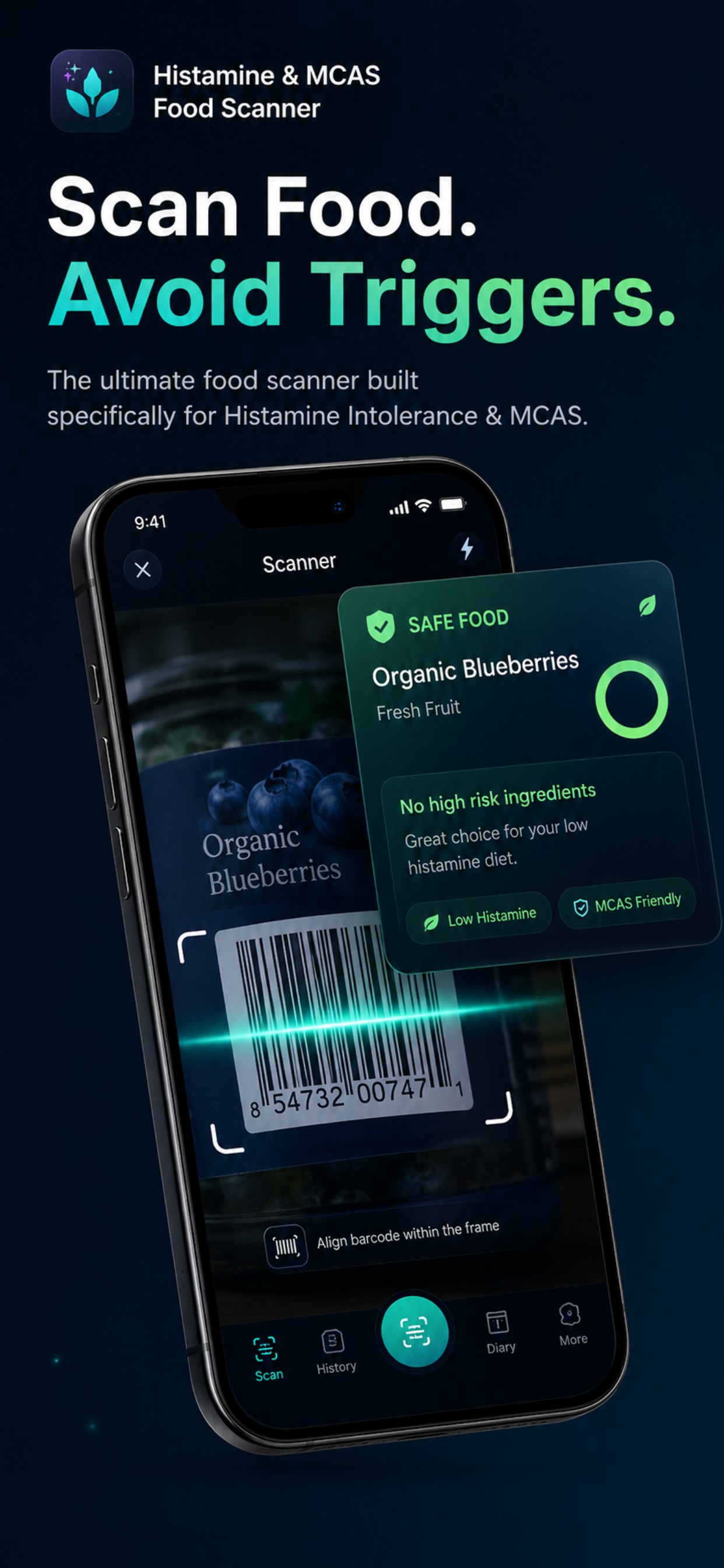 Histamine and MCAS Food Scanner analyzing a blueberry barcode and returning a safe food result