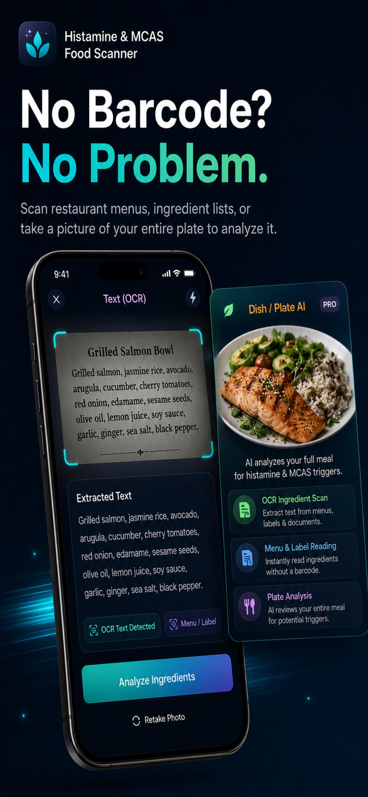 Menu and ingredient text analysis without a barcode
